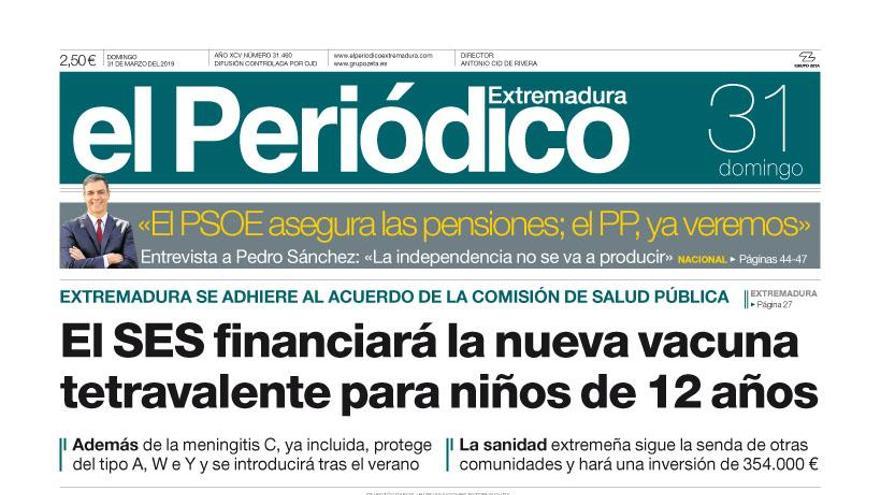 Esta es la portada de EL PERIÓDICO EXTREMADURA correspondiente al día 31 de marzo del 2019