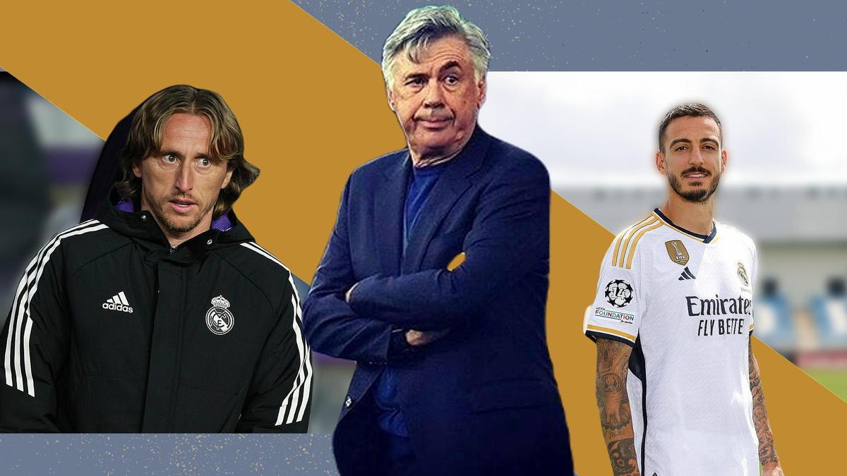 Luka Modric, Carlo Ancelotti y Joselu Mato.