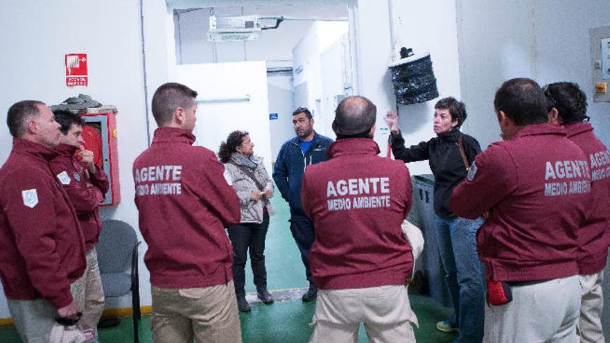 La entomóloga Cristina Pou explica a los agentes de Medio Ambiente las medidas de vigilancia y control, ayer.