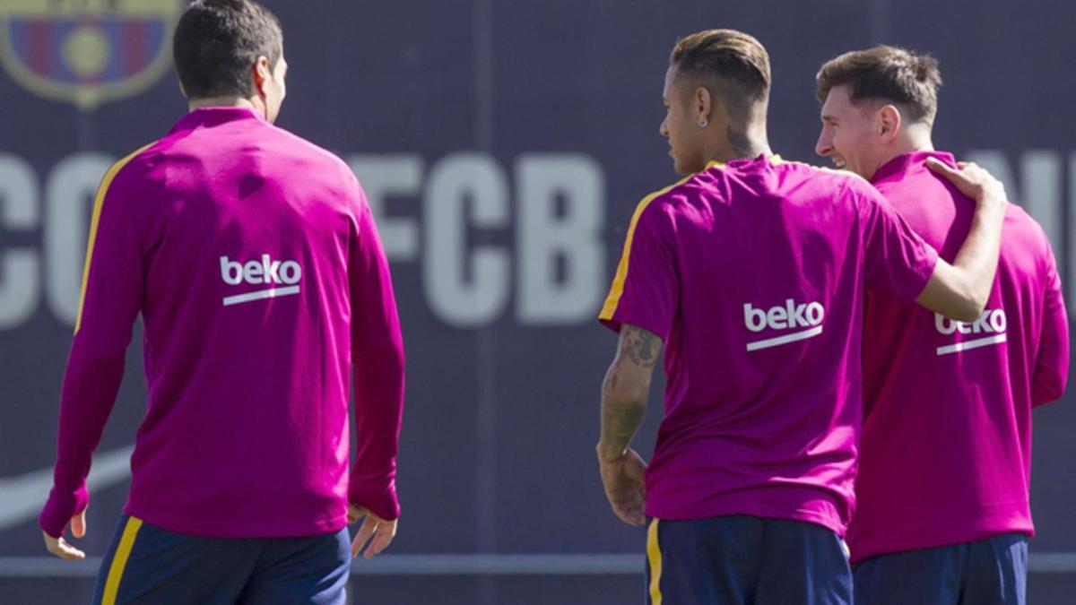 Luis Suárez, Neymar Junior y Leo Messi en el entrenamiento