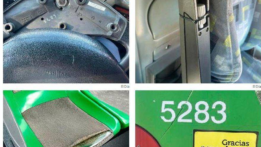 Algunas de las deficiencias en las guaguas del servicio urbano: desde elementos atados con bridas a tapas sueltas en el volante o sillones rotos.