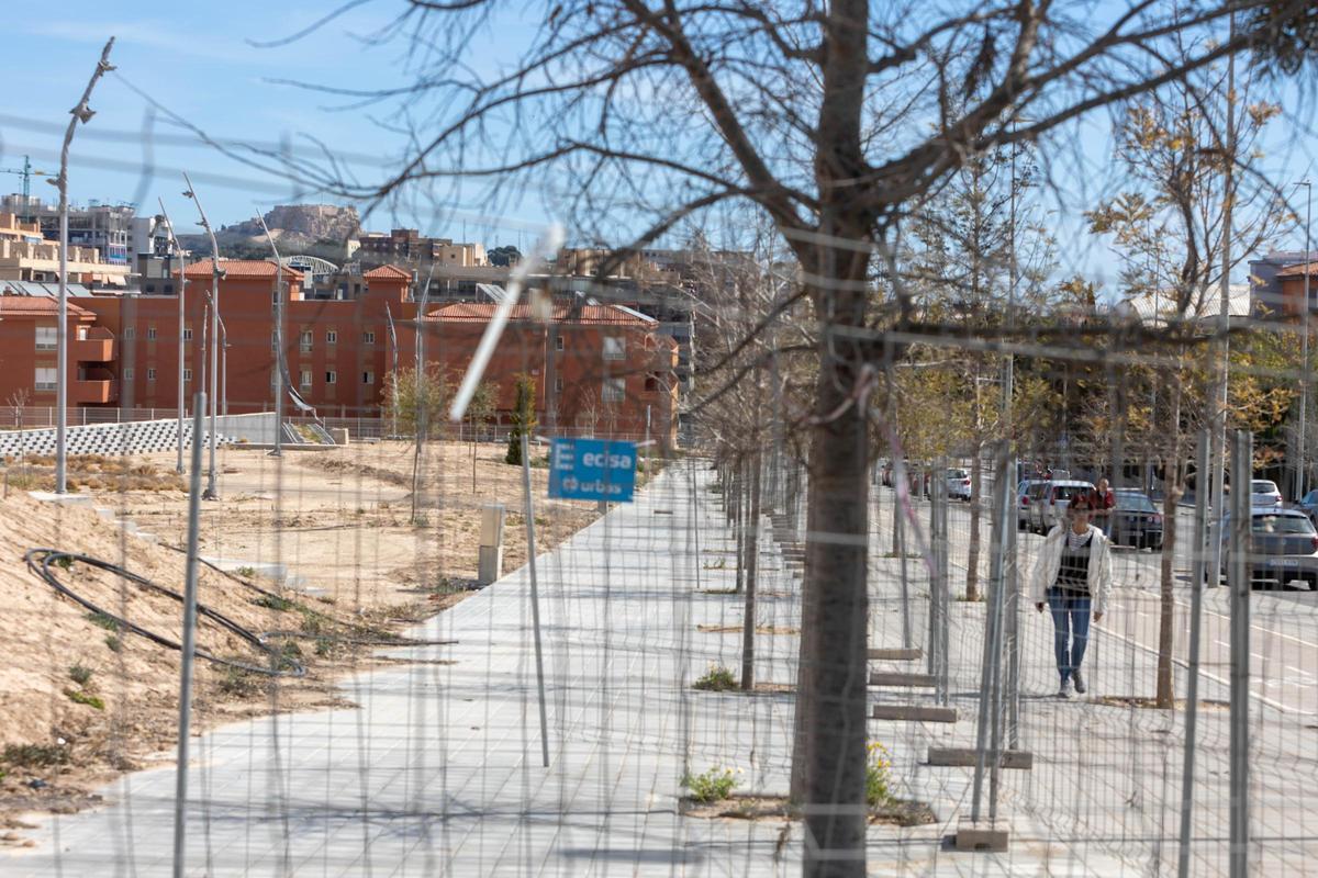 Una vecina pasea junto a las obras paralizadas del PAU 2 de Alicante.