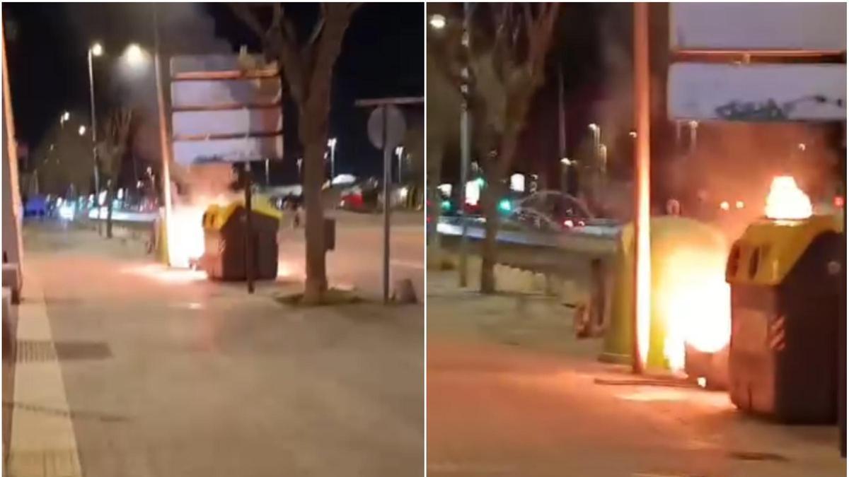 Fuego junto a un contenedor en plena noche de Magdalena en Castelló