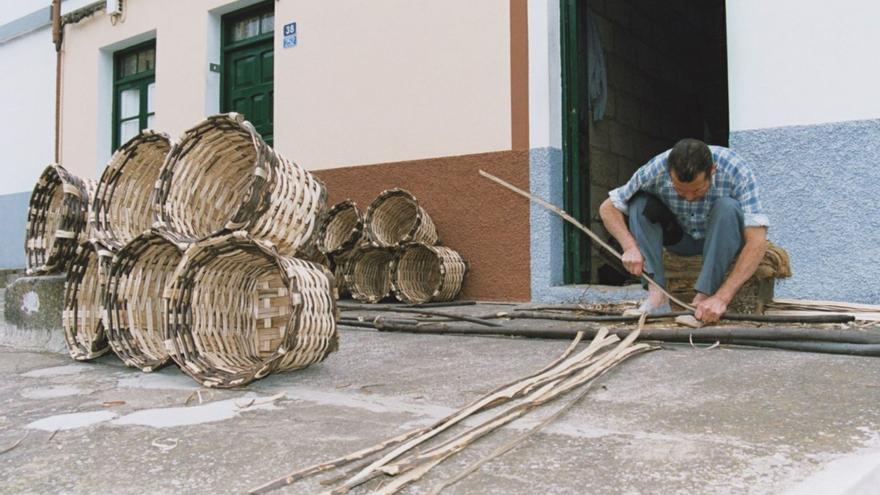 El cestero orotavense Modesto González, hermano del también cestero Donato González, trabaja las varas de castaño junto a varios cestos.