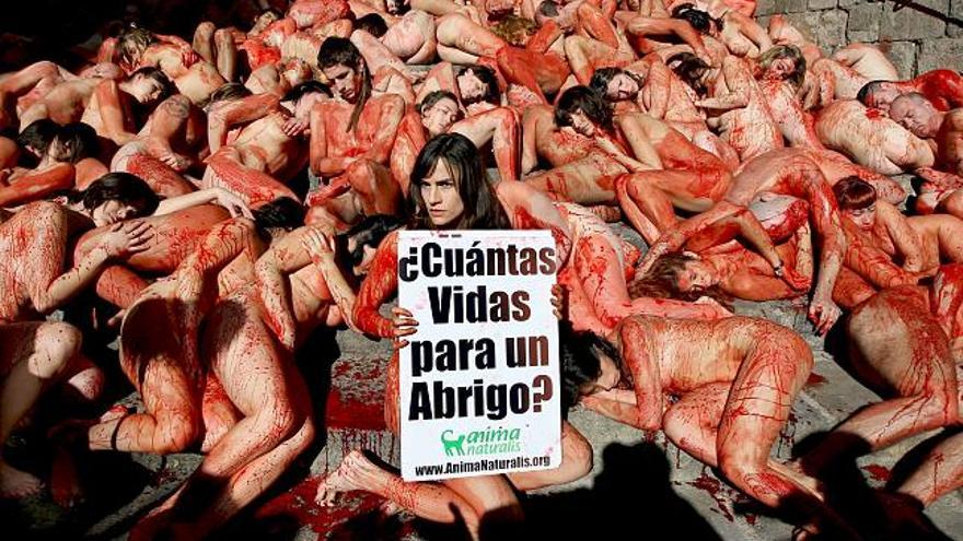 Cerca de un centenar de personas se han desnudado hoy en las escaleras de la Plaza del Rey de Barcelona, convocadas por la organzación Anima Naturalis, para portestar por el uso de pieles de animales en la industria de la moda.