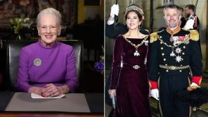 La reina Margarita, durante su discurso de Nochevieja, y los príncipes herederos, en la cena de gala de Año Nuevo tradicional cena de gala de Año Nuevo, en el palacio de Amalienborg, en Copenhague.