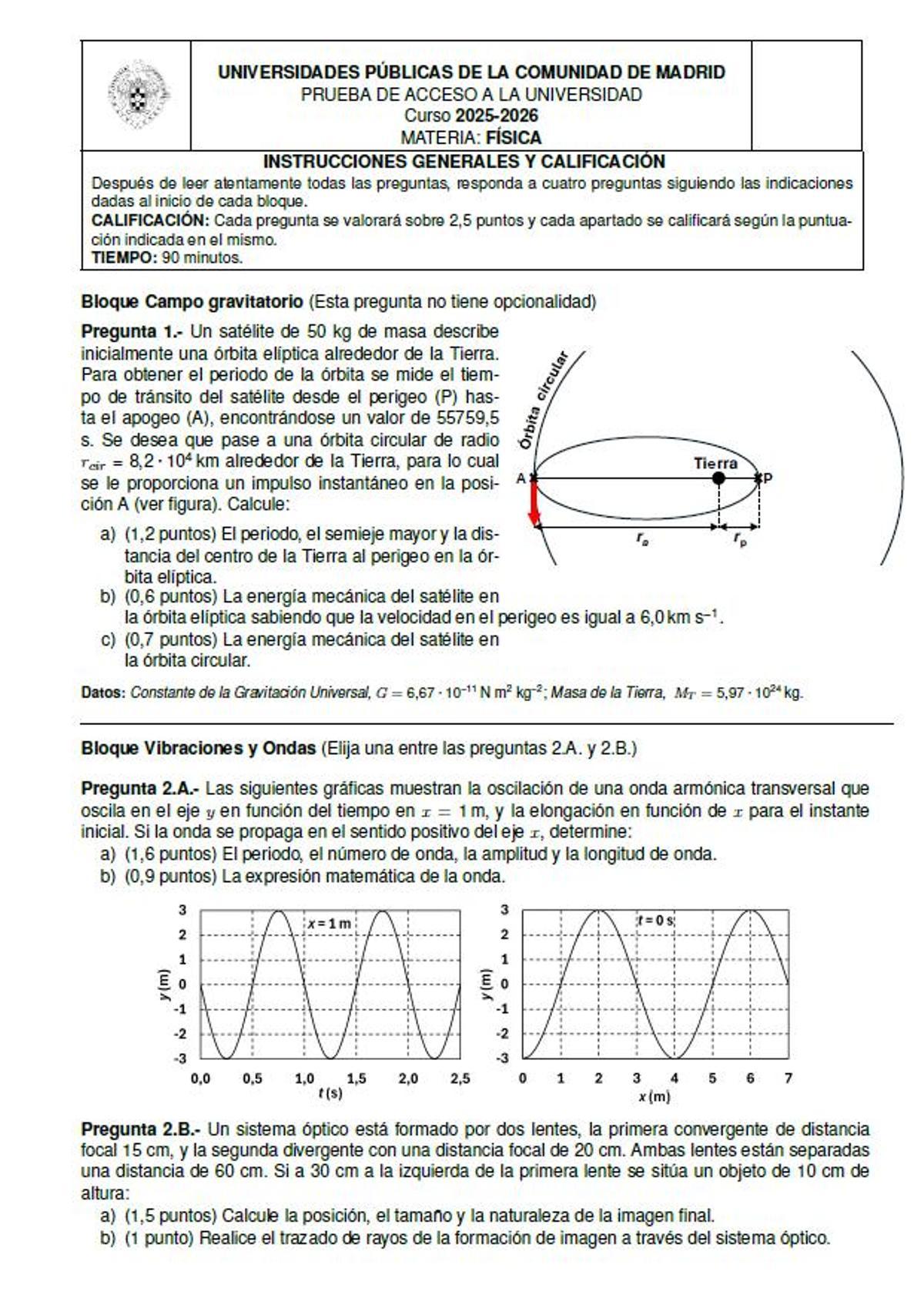Examen de Física de la PAU de julio de la Comunidad de Madrid