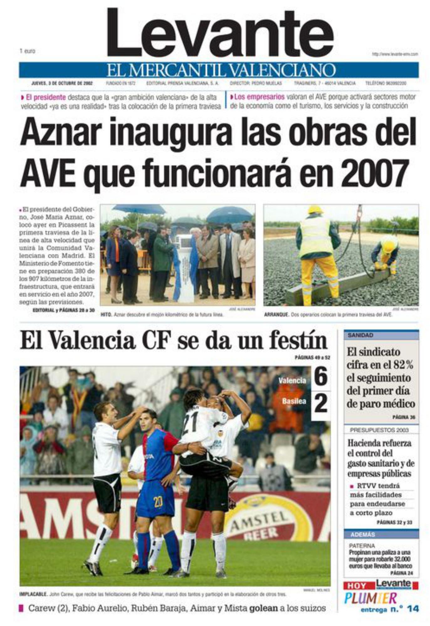 Portada de la edición de Levante-EMV del 2 de octubre de 2002.