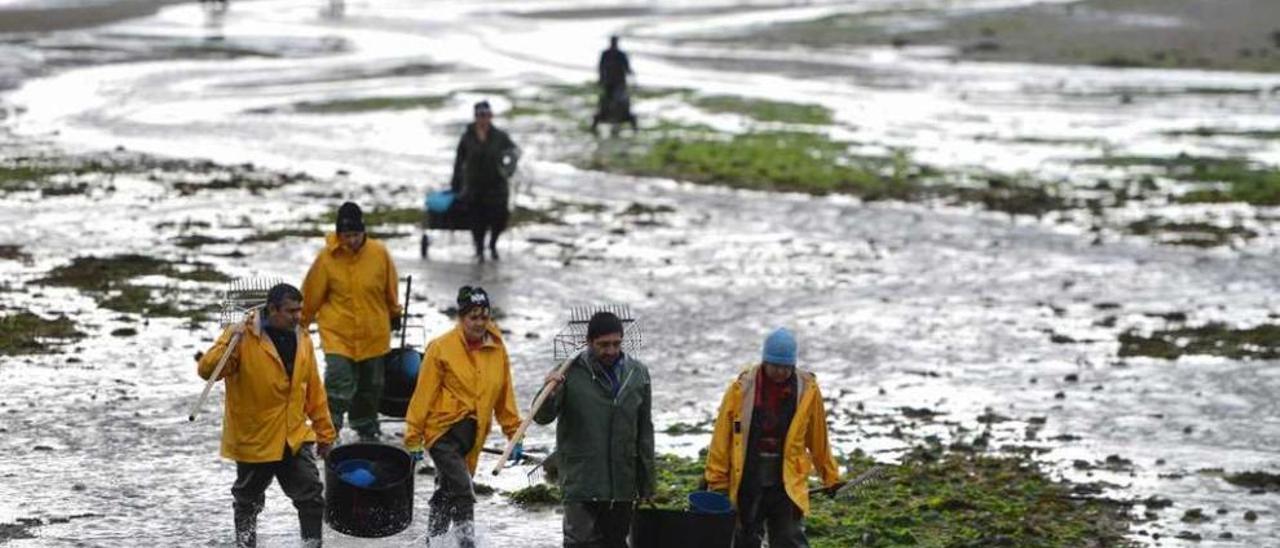 Los mariscadores recogen sus aperos de trabajo en la playa de A Seca. // Gustavo Santos