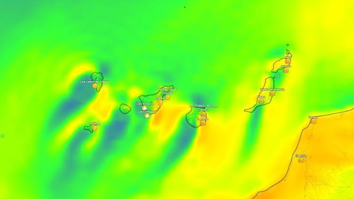 Mapa meteorológico sobre rechas de viento en Canarias este viernes