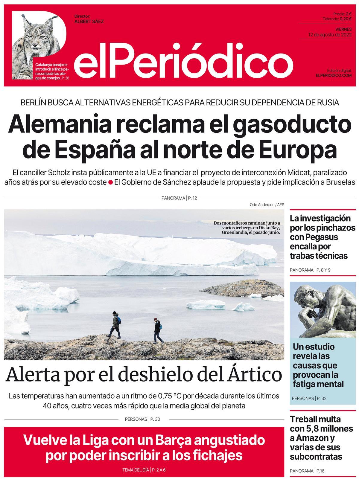 La portada d’EL PERIÓDICO del 12 d’agost del 2022