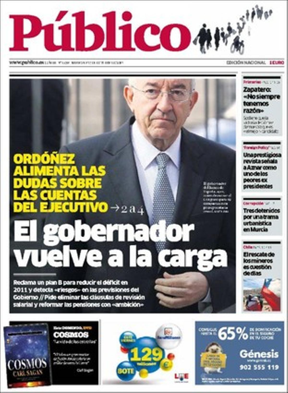 ’Público’ destaca en pàgines interiors que Leire Pajín s’aparta de la decisió del PSOE sobre l’alcalde trànsfuga de Benidorm, que José María Aznar està entre els pitjors exgovernants, segons la revista nord-americana ’Foreing Policy’, i que per al síndic Rafael Ribó hi ha risc de guetos d’immigrants a les escoles catalanes.