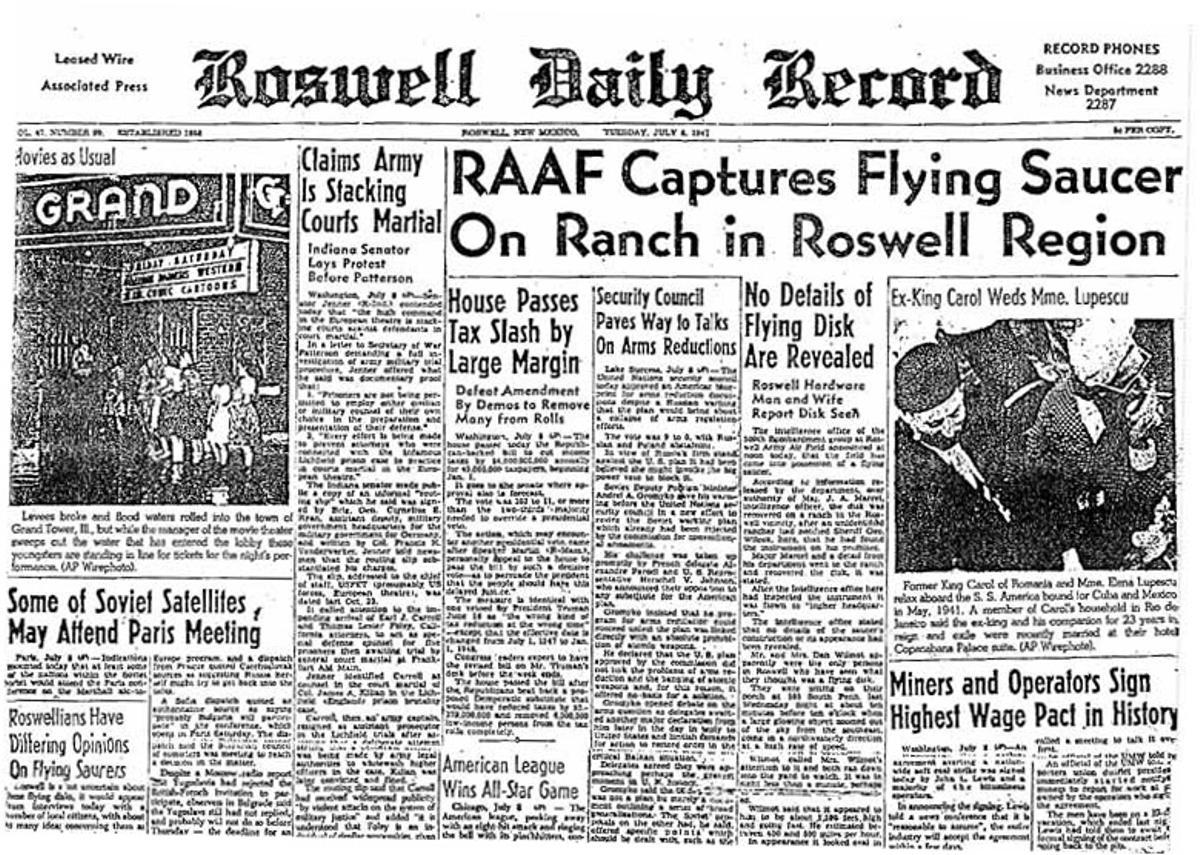 Portada que recogía el incidente del Caso Roswell en el diario local.