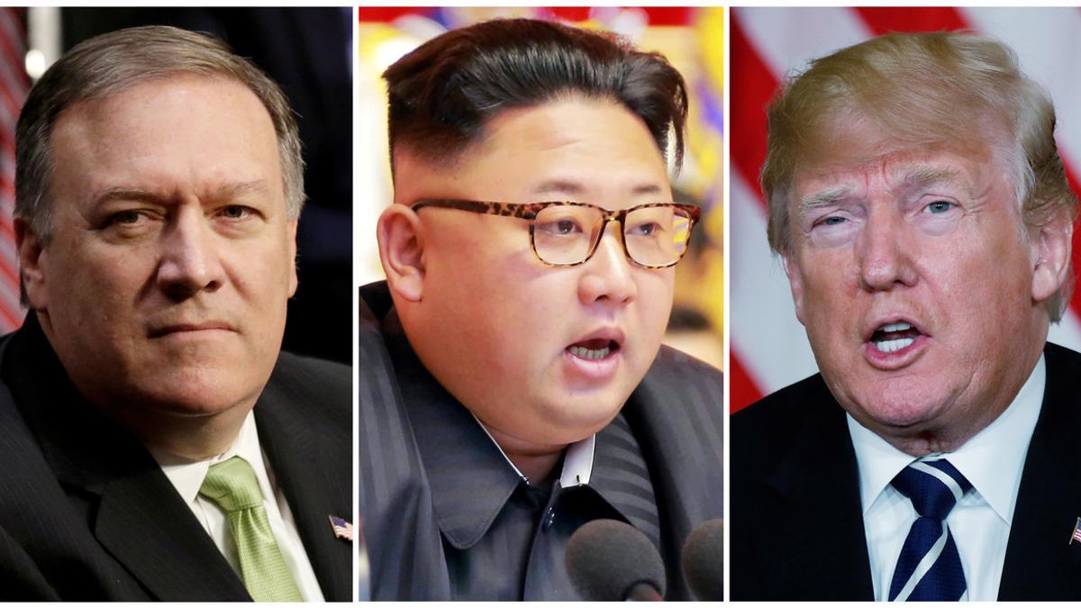 Mike Pompeo, Kim Jong-un y Donald Trump.