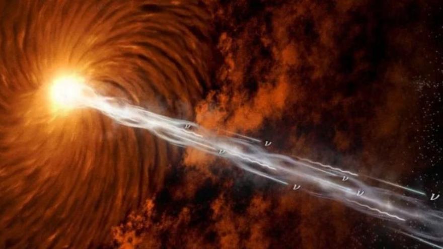 Recreación artística de un blazar acelerando neutrinos y rayos cósmicos.