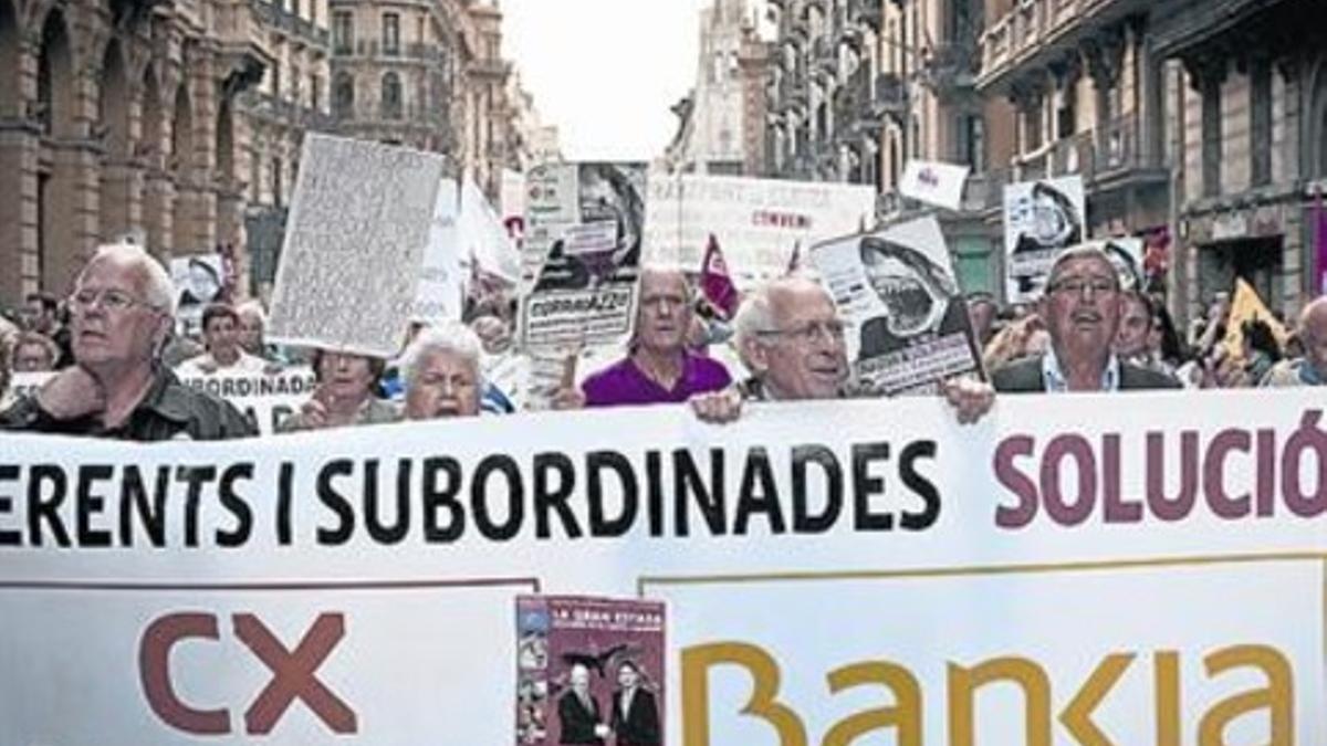 Manifestación de afectados por preferentes en Barcelona.