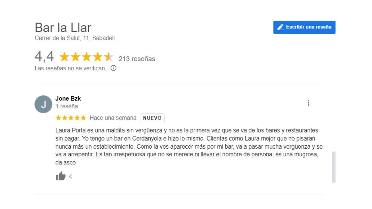 Reseñas en Google sobre el bar La Llar de Sabadell.