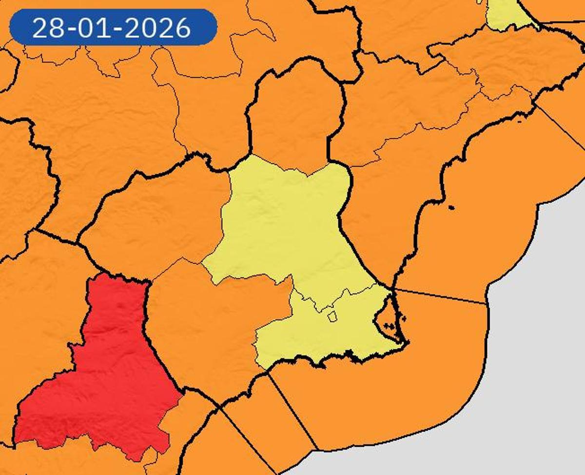 Mapa de alerta meteorológica en la Región de Murcia, este miércoles.