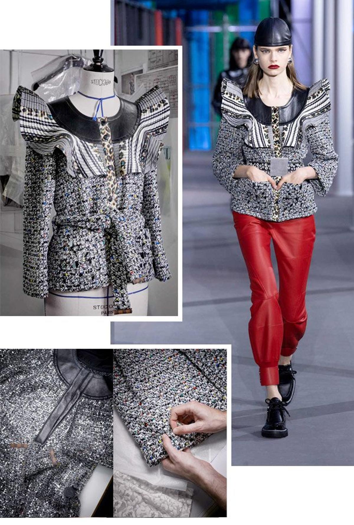 Chaqueta de tweed con bordados en los bolsillos y pechera de cuero