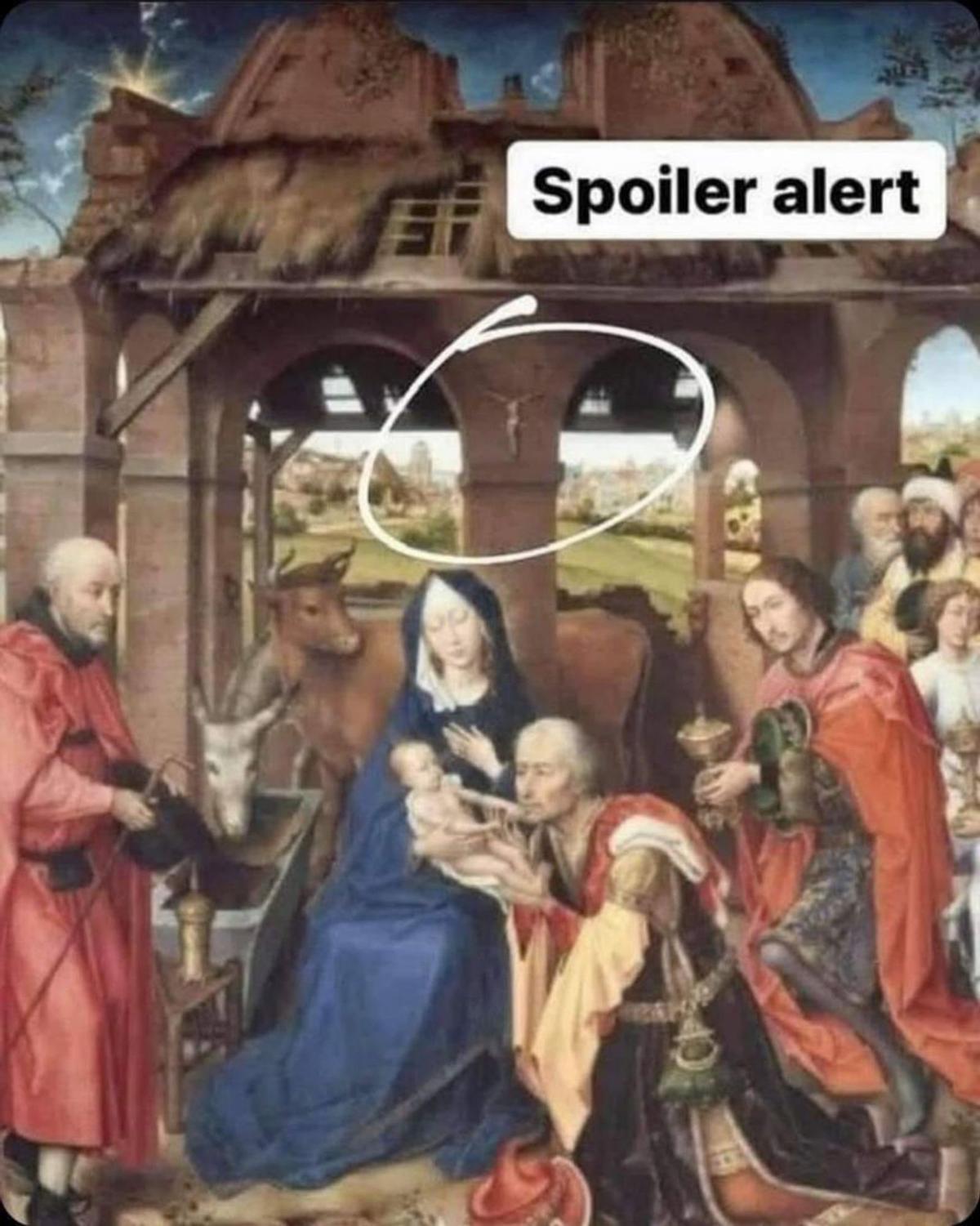 «Meme» que juega con la tabla central 
del tríptico de Santa Columba, 
de Rogier van der Weyden