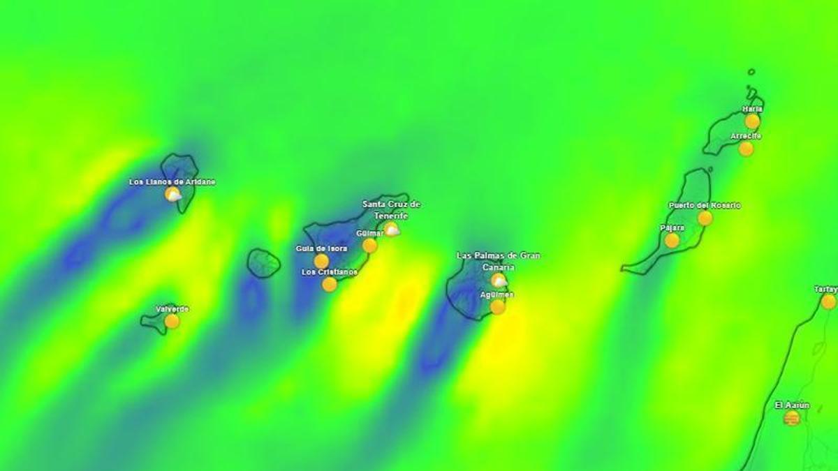 Mapa de viento de Canarias para el domingo