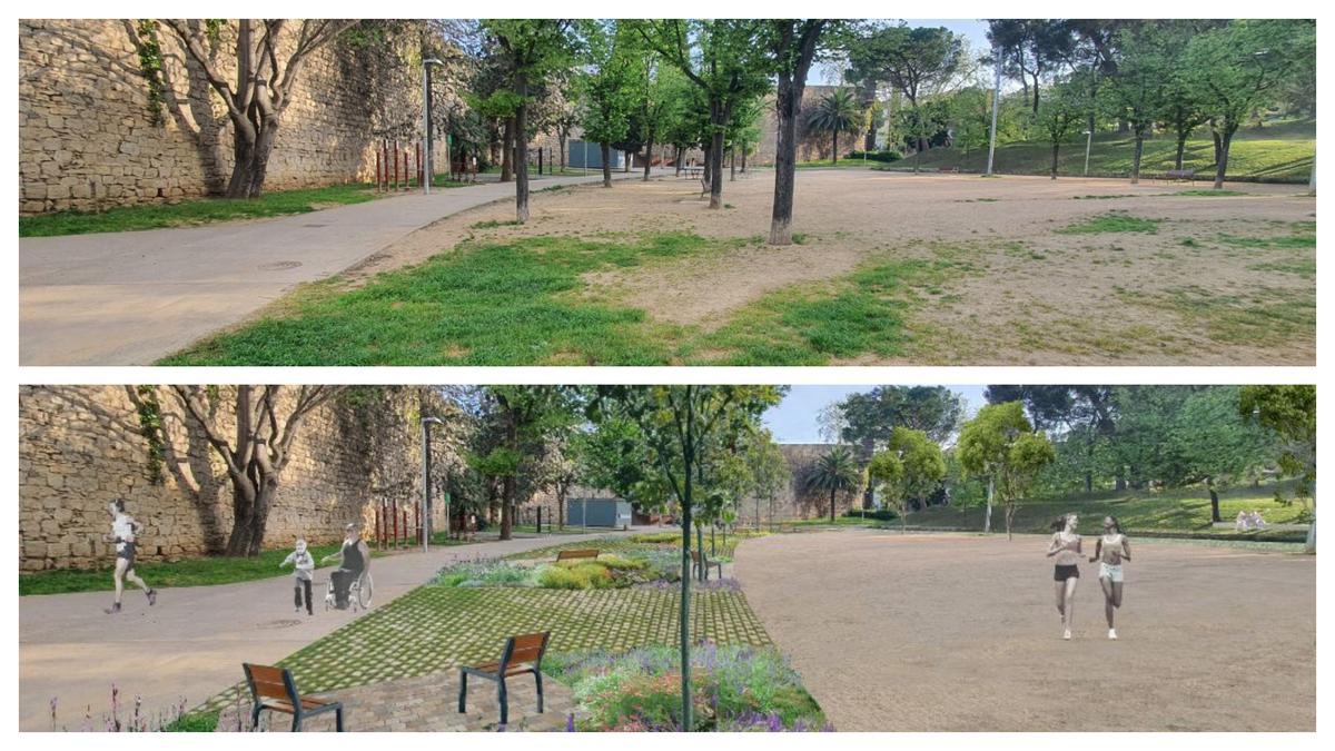 Els jardins de les Pedreres ara i una imatge virtual del futur parc, segons l'Ajuntament.