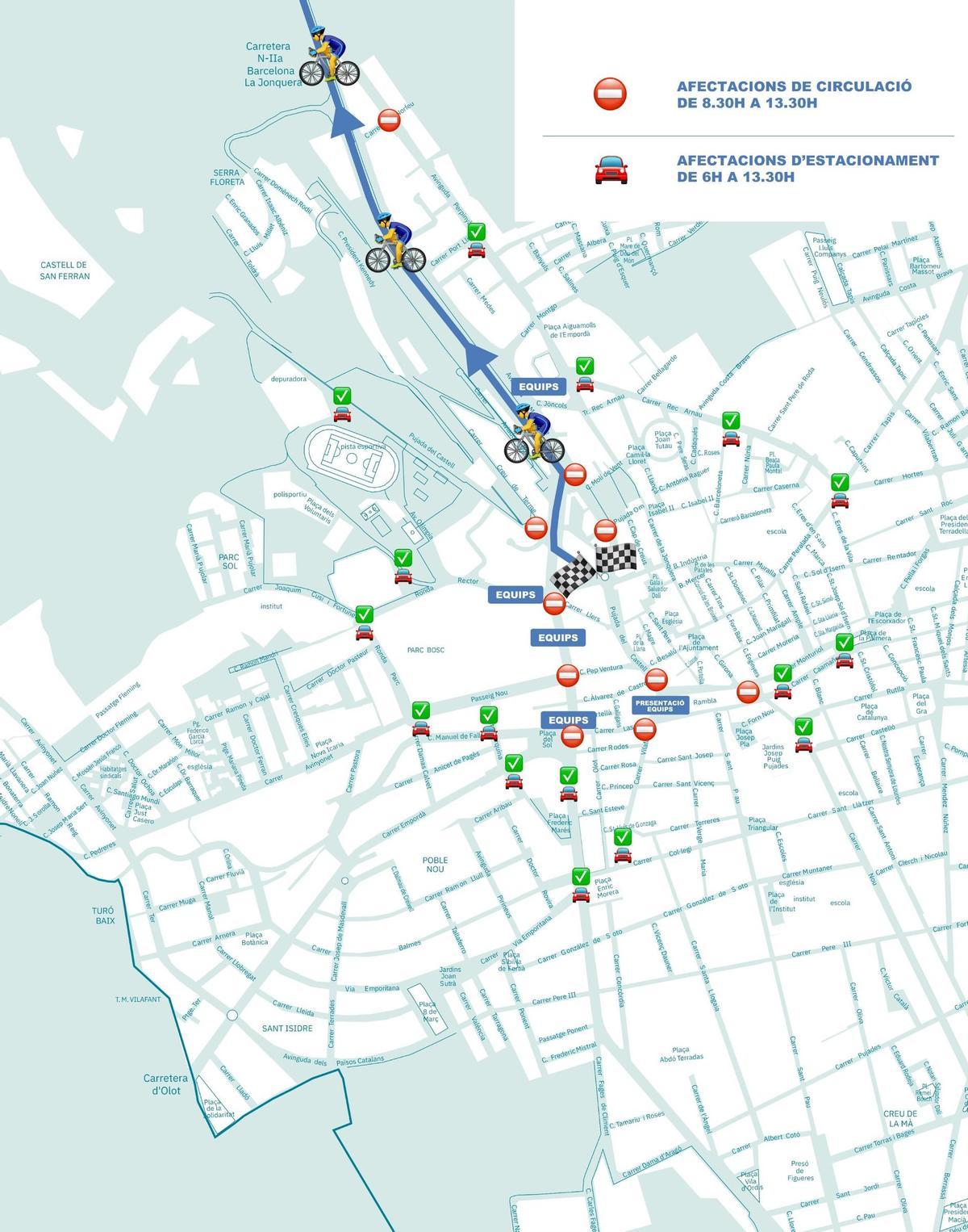Mapa de les restriccions de mobilitat i d'aparcament durant la Volta Ciclista Catalunya a Figueres, el 24 de març.