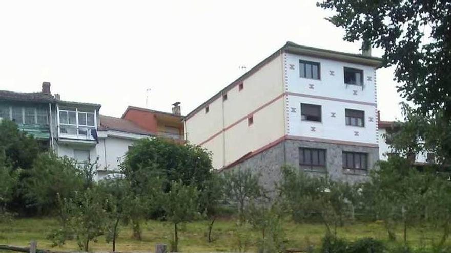 Una de las ovejas atacadas en la madrugada de ayer, con las casas de Campo de Caso al fondo.