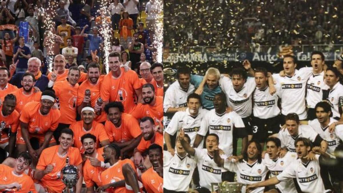 Valencia Basket en 2026 (izquierda) y Valencia Club de Fútbol en 2002 (derecha) celebran sus respectivas ligas