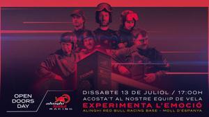 Cartel promocional de la apertura de puertas de la base de Alinghi Red Bull Racing en el Moll dEspanya, el sábado 13 de julio.