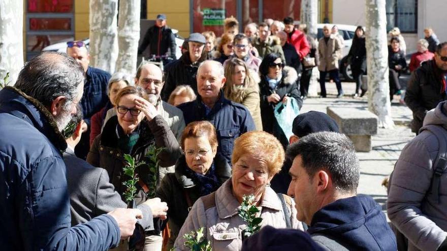 Numerosos ciudadanos hacen cola en la entrega de acebos en la plaza de Viriato.