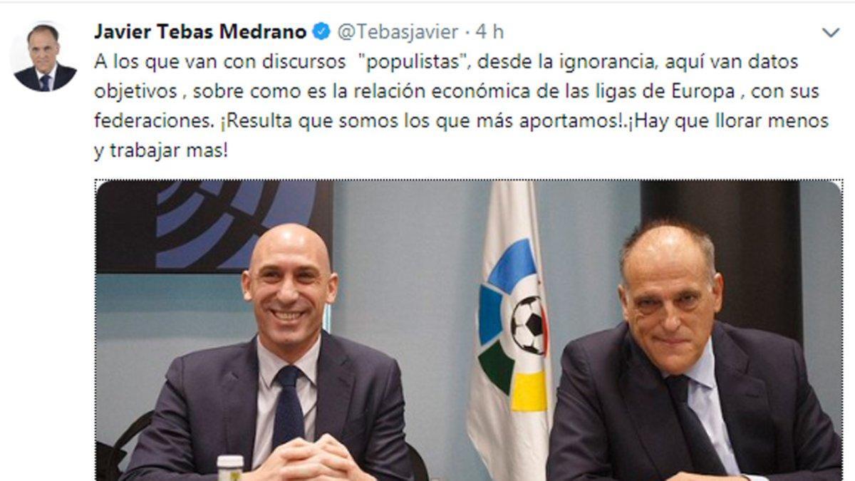 Imagen del tuit de Javier Tebas contra Luis Rubiales este martes en Twitter