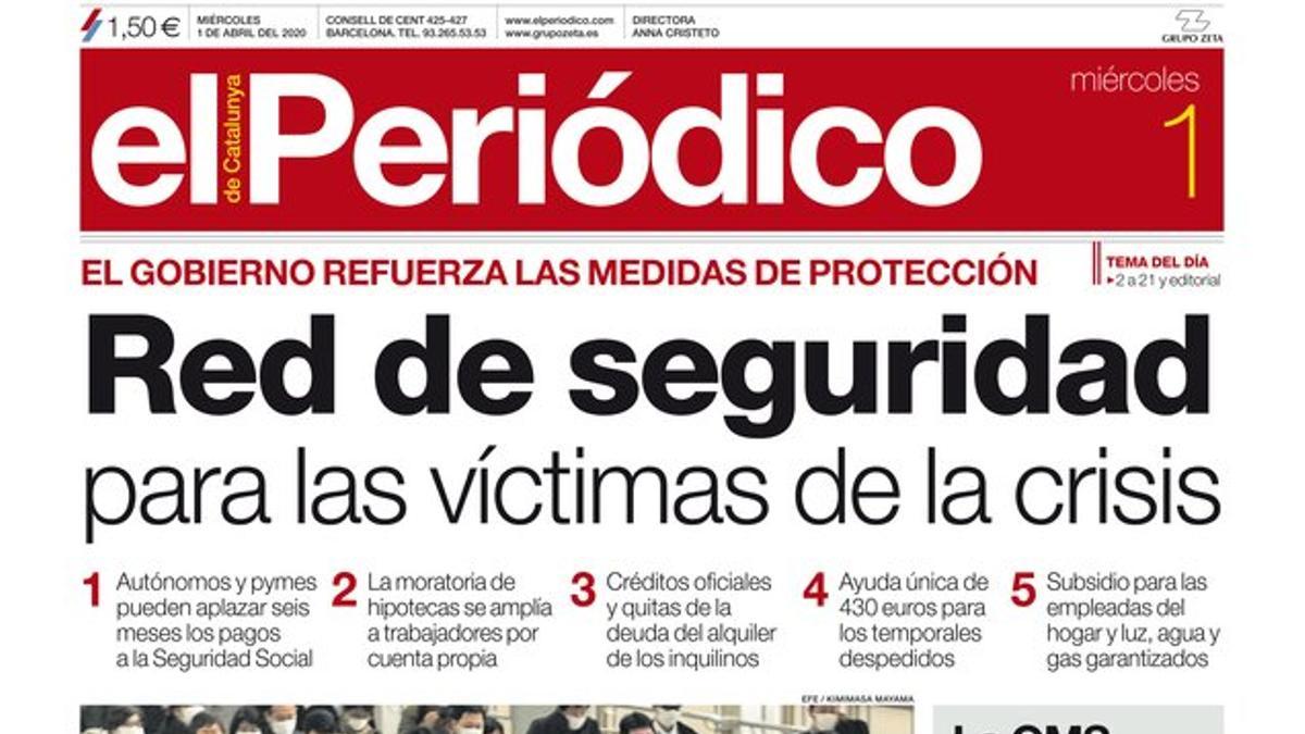 La portada de EL PERIÓDICO del 1 de abril del 2020.