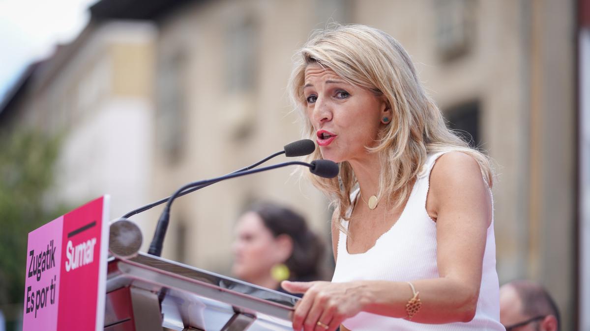 La candidata de Sumar, Yolanda Díaz, en un acto en Vitoria.