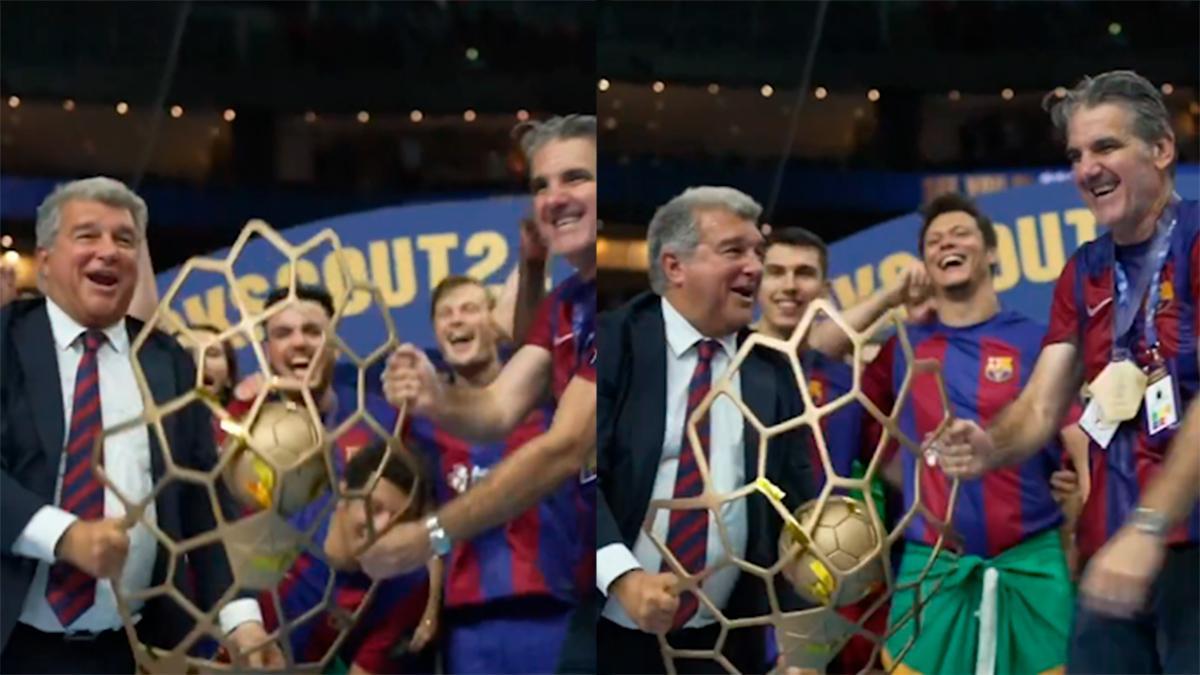 Laporta, con el título de la Champions de balonmano del Barça