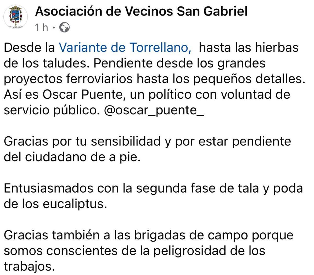 Comunicado de la Asociación de Vecinos San Gabriel.