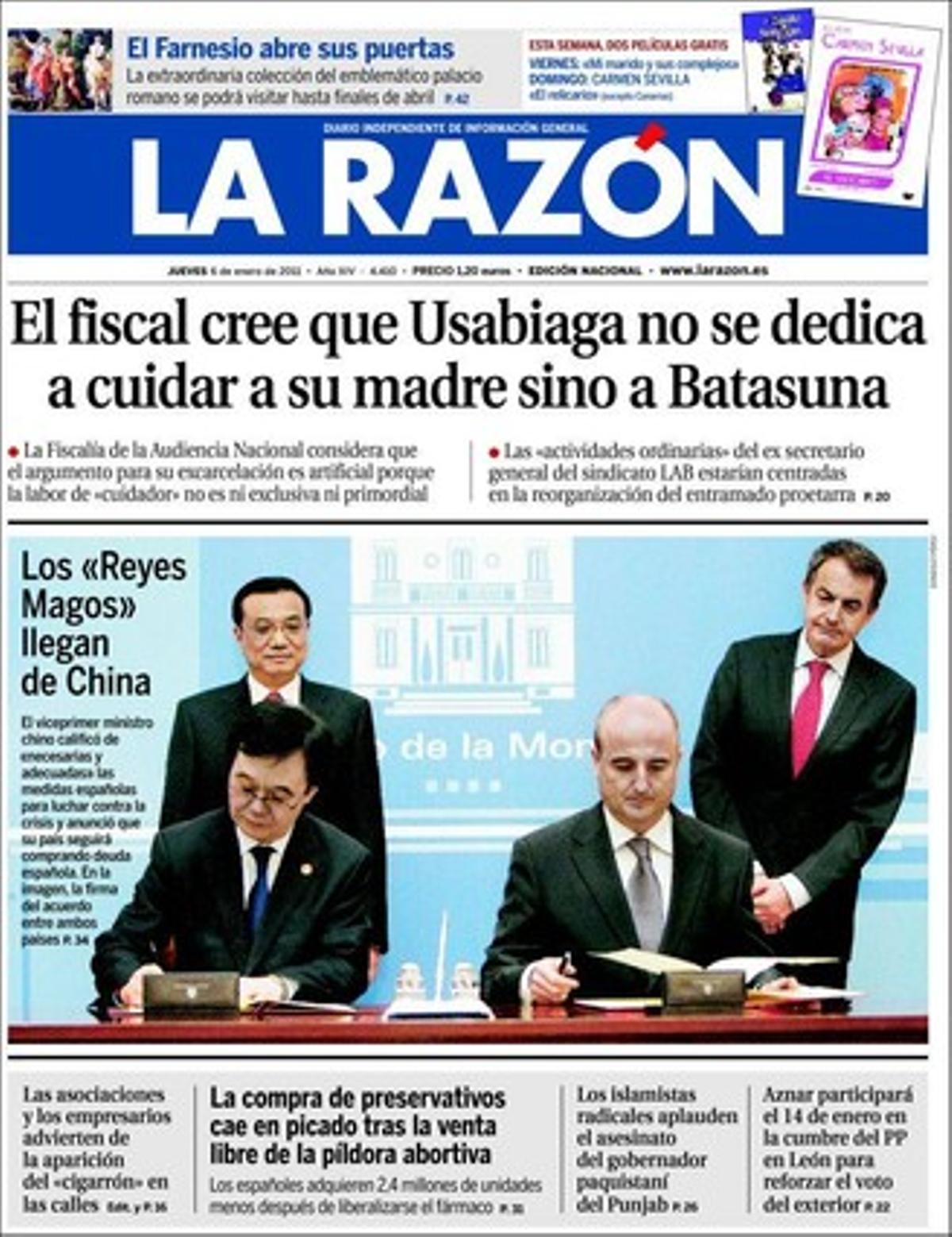 ’La Razón’ destaca que Aralar dóna un cop de porta a ETA i rebutja pactes amb Batasuna; que Gibraltar usurpa aigües espanyoles per fer negoci, i que la consellera Irene Rigau no fa cas del Tribunal Suprem i deixarà el castellà relegat a les aules.