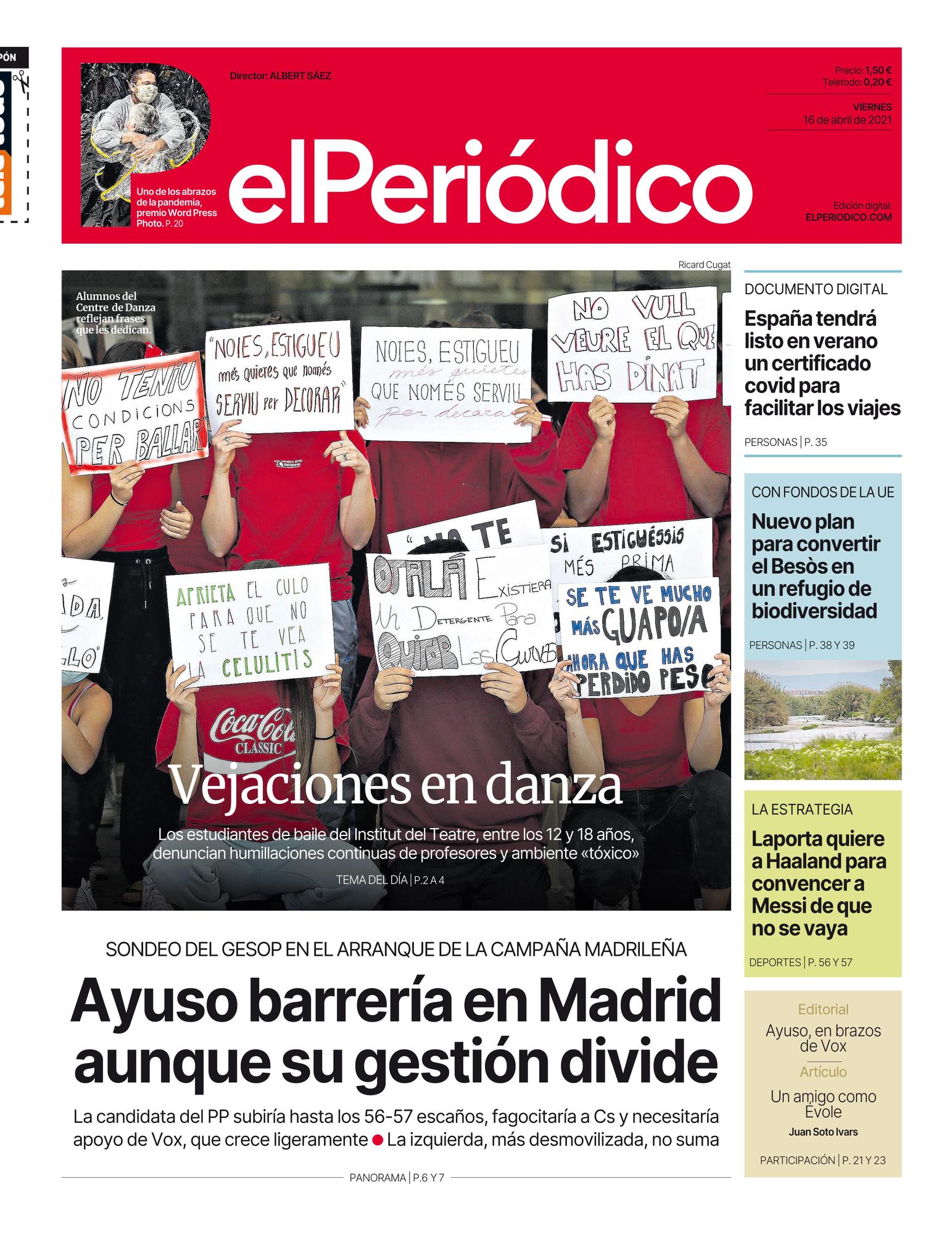 La portada de EL PERIÓDICO del viernes 16 de abril del 2021