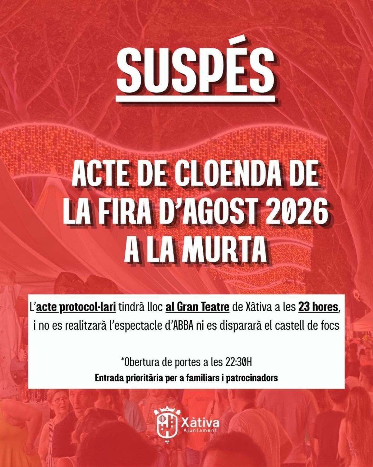 Xàtiva ha trasladado el acto protocolario de la clausura de la Fira al Gran Teatre
