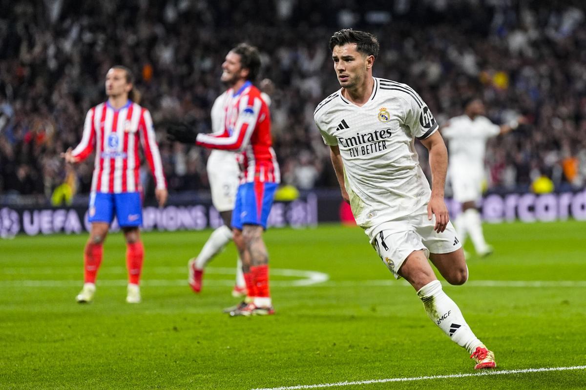 Brahim Diaz of Real Madrid celebrates a goal during the UEFA Champions League 2024/25 League Round of 16 First Leg match between Real Madrid CF and Atletico de Madrid, at Santiago Bernabeu stadium on March 04, 2025, in Madrid, Spain. AFP7 04/03/2025 ONLY FOR USE IN SPAIN. Oscar J. Barroso / AFP7 / Europa Press;2025;SPAIN;SPORT;ZSPORT;SOCCER;ZSOCCER;Real Madrid CF v Atletico de Madrid - UEFA Champions League 2024/25 League Round of 16 First Leg