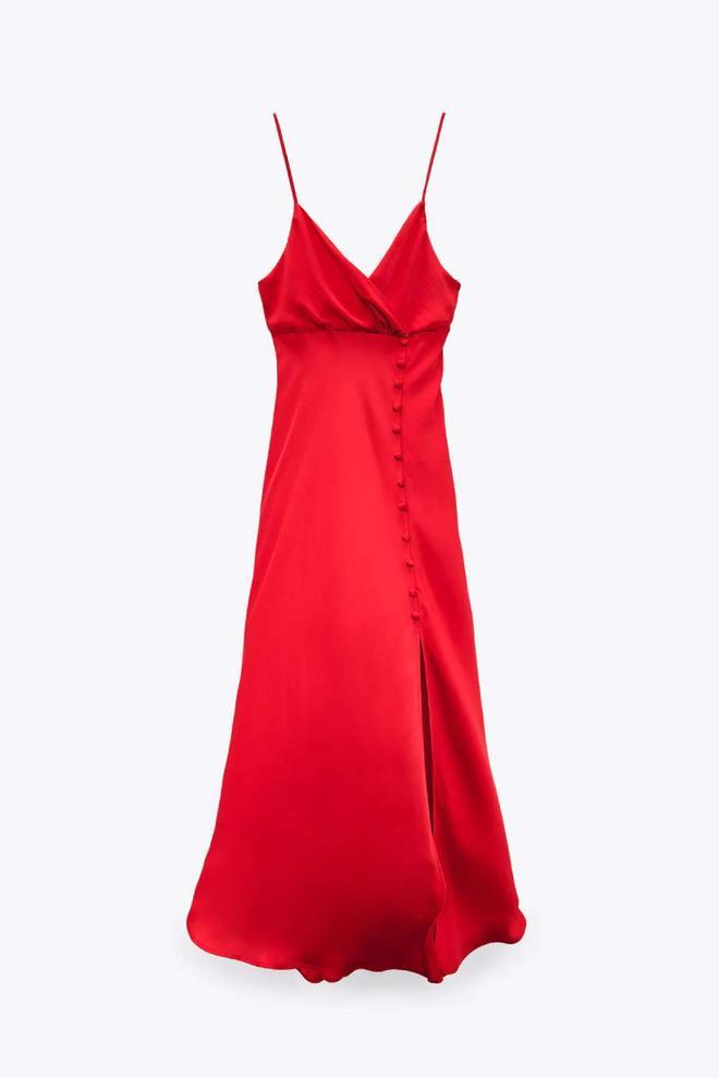 Vestido de tirantes rojo con botones forrados de Zara