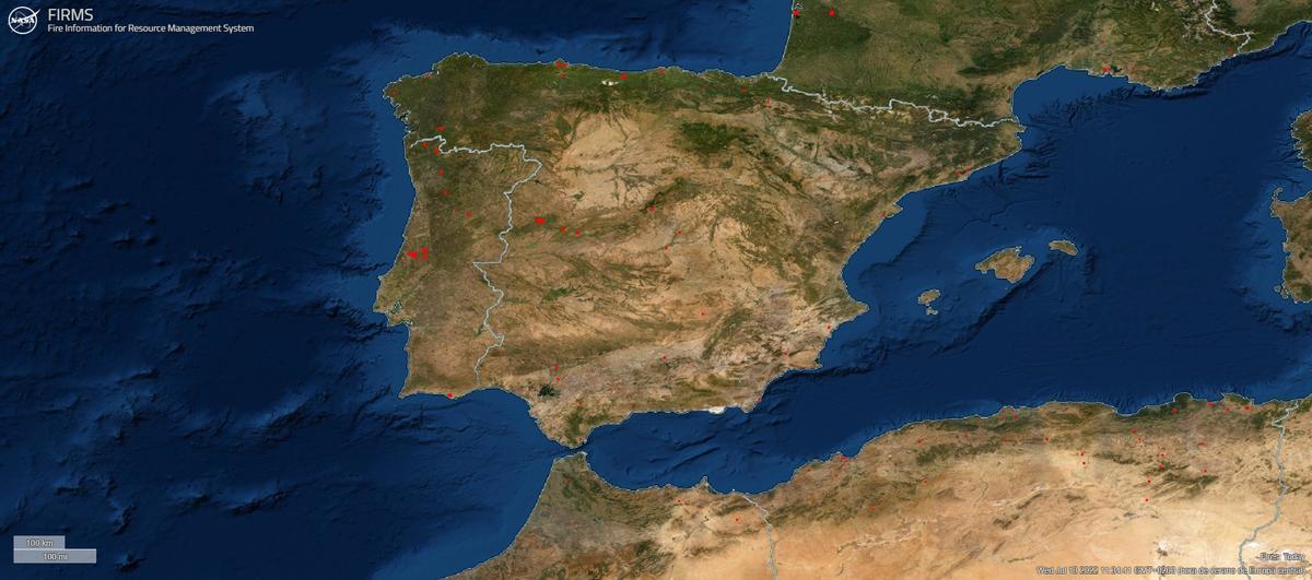 Mapa de los focos de fuegos activos en España. Fuente: NASA/ VIIRS (S-NPP &amp; NOAA-20)