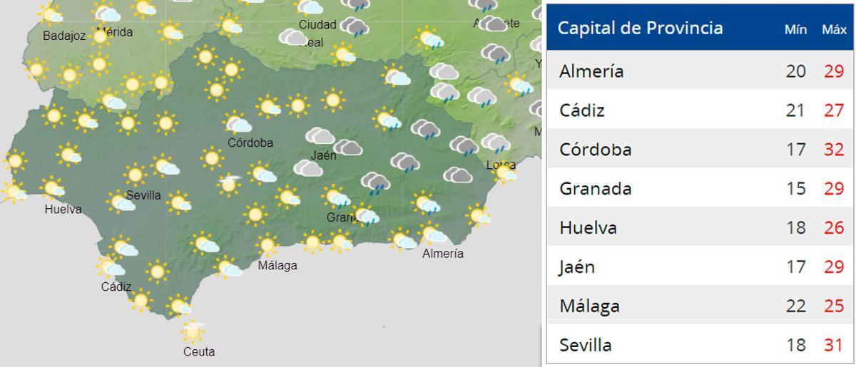 Mapa del tiempo a las 18.00 horas este martes en Andalucía junto a las temperaturas.