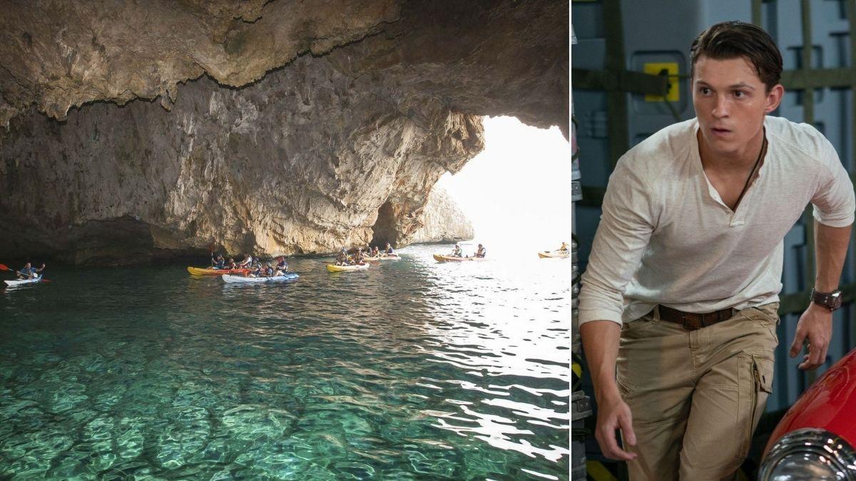 Una excursión de turistas en kayak entra en la Cova dels Òrguens junto Tom Holland en un fotograma de Uncharted