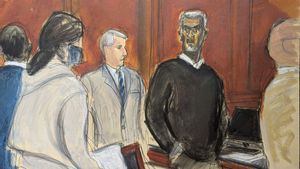 Sean Diddy Combs, right, stands and looks at jurors as they file into the jury box at the start of jury selection at Manhattan federal court, Monday, May 5, 2025, in New York. (Elizabeth Williams via AP)