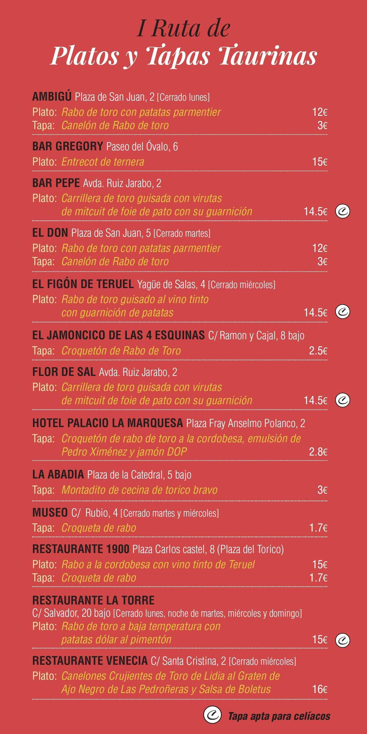 El cartel con todas las tapas, platos y establecimientos participantes en la I Ruta de Platos y Tapas Taurinas de Teruel.