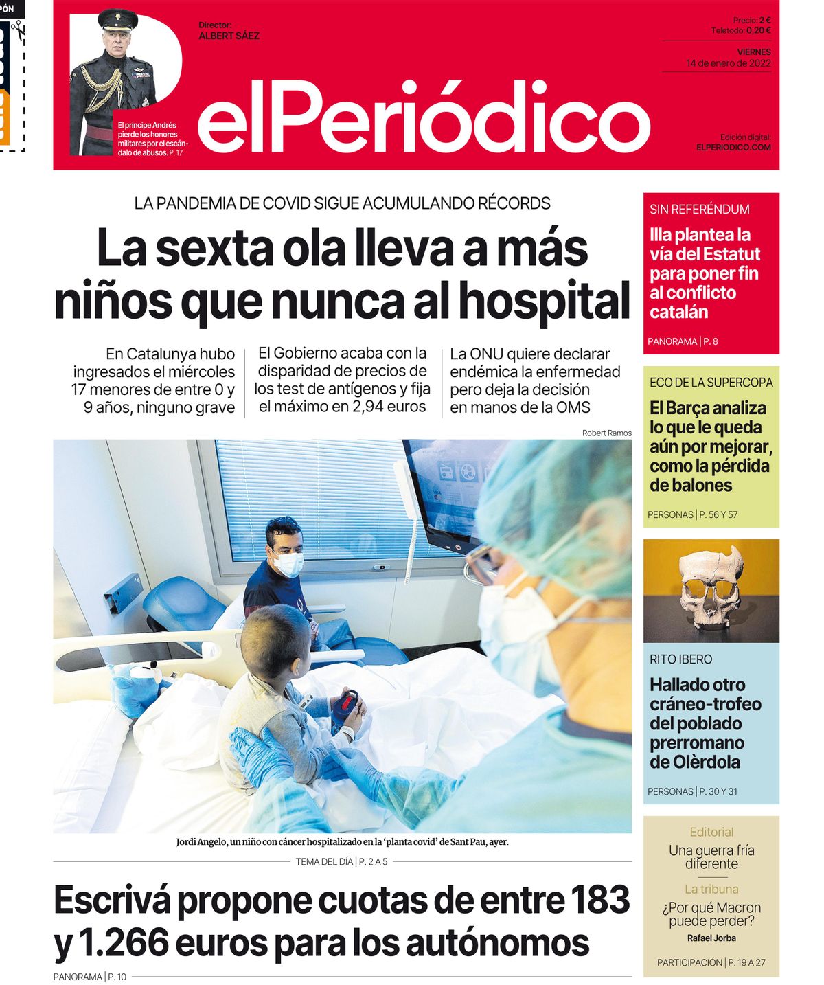 La portada d’EL PERIÓDICO del 14 de gener del 2022