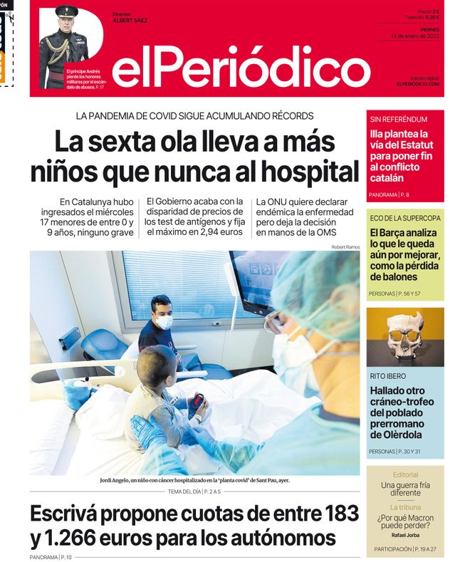 La portada d’EL PERIÓDICO del 14 de gener del 2022