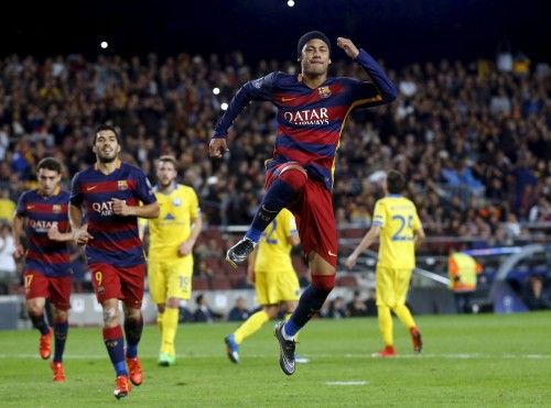 Barcelona's Neymar celebrates a goal against Bate Borisov during their Champions League soccer match at Camp Nou stadium in Barcelona