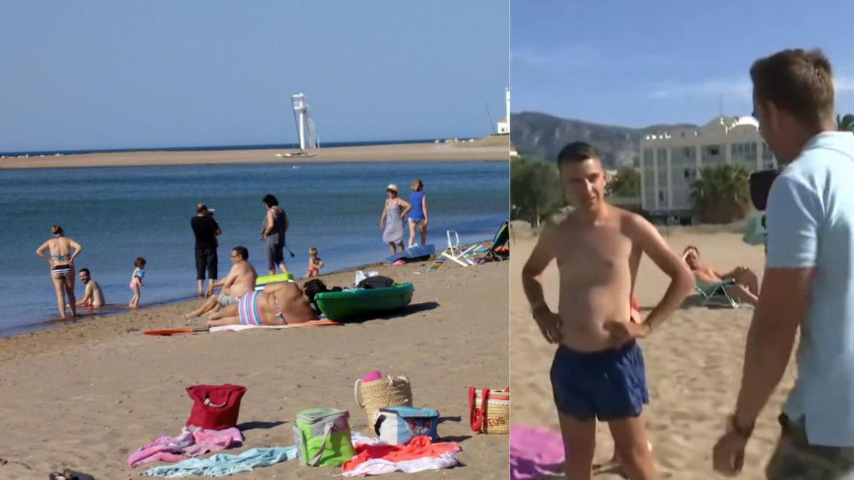 Una playa de Dénia en una imagen de archivo junto a un fotograma de la entrevista a un turista madrileño por parte de un reportero de À Punt